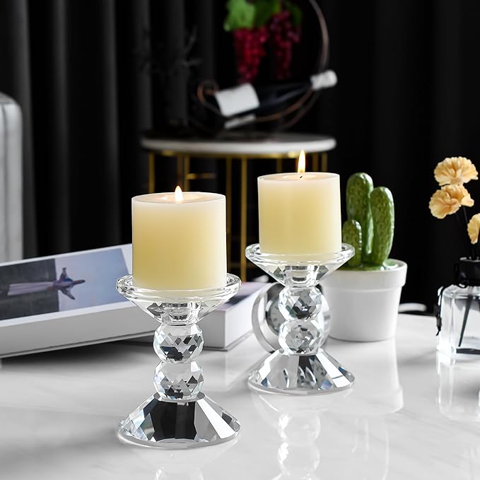 2-Pack Crystal Candle Holders, Clear Crystal Taper or Pillar Candlesticks, Table Centerpiece Home Decor for Wedding, Dining, Party(4.9in Tall)