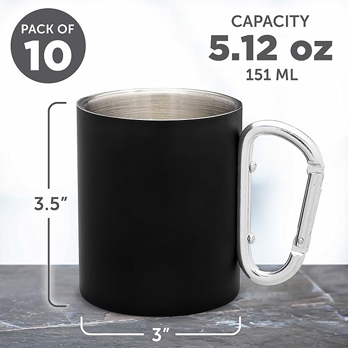 DISCOUNT PROMOS Stainless Steel Mugs with Carabiner Handle 10 oz. Set of 10, Bulk Pack - Perfect for Coffee, Soda, Other Hot & Cold Beverages - Black