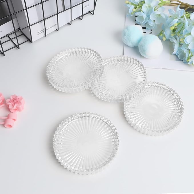 Glass Coasters Set of 4 for Drinks, Round Modern Set with Raised Edge Lip, Decorative & Aesthetic for Dining Table, Living Room, Office Desk