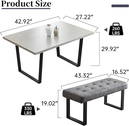 3 Piece Dining Table Set with Bench, 42.9 Inch Modern Kitchen Table with Left Seat Corner and 43.3 Inch Bench for Family Dining Room Furniture