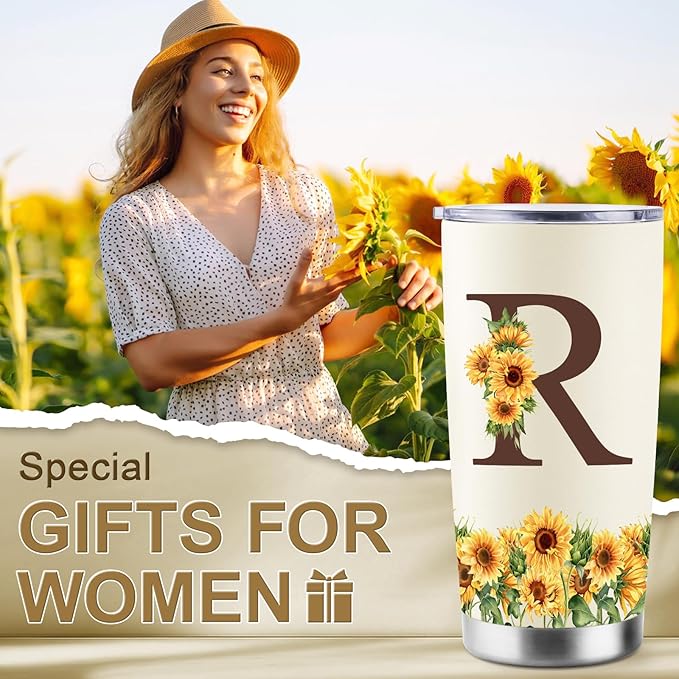 Sunflower Gifts for Women - Personalized Christmas Gifts for Women - Birthday Gift for Woman - Mothers Day Gift for Mom - Monogrammed, Initial 20oz Travel Cup Insulated Tumbler with Lid, R