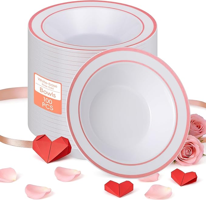 100 Pack White Disposable Soup Bowls with Rose Gold Rim,12oz Disposable Soup Bowls,Disposable Soup Dessert Salad Bowls for Wedding/Party/Catered Events/Valentine's Day