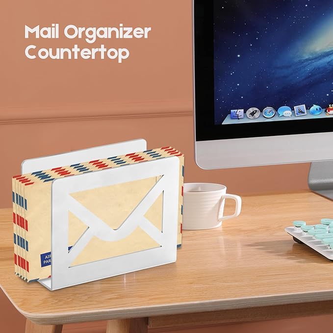 Desktop Metal Mail Holder,Modern Black Letter Organizer for Desk with Cutout Envelope Design,Home and Office Envelope and Document Storage Rack (White)