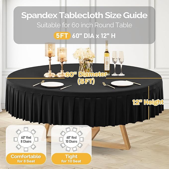 6 Pack Black Spandex Round Tablecloths for 60 inch Table, Stretchy Fitted 5FT Round Table Cloth with Wrinkle Free Skirt for Wedding Party Dining Banquet