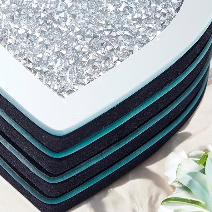Crushed Diamond Crystal Glass Mirrored Heart Love Coasters Set of 4 Glittering Bling Silver TRENDZY ® Drink Wine Coasters for Home Kitchen Bar & Restaurant Home Decor Birthday Wedding (Heart)