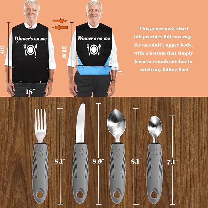 Adaptive Utensils with Adult Bib - 4pcs Weighted Utensils Set (2.5oz Each) for Hand Tremors, Elderly, Parkinson's, Arthritis - Non-Slip Easy Grip Handles for Independent Eating