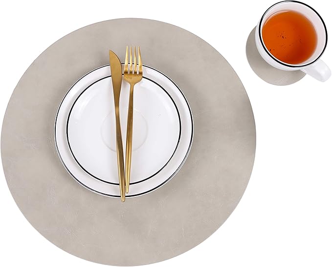 Set of 6 Faux Leather Round Placemats and Coasters, Coffee Mats Kitchen Table Mats, Waterproof, Easy to Clean for Kitchen Dining Round Table