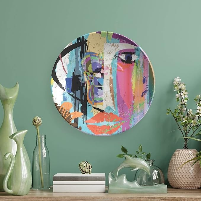 Decorative Plates, Abstract Print Ornament, Woman Face Art Paint Strokes and Splashes Eye Red Lips Grungy, 8 Inch, Kitchen Wall Decor, Multicolor