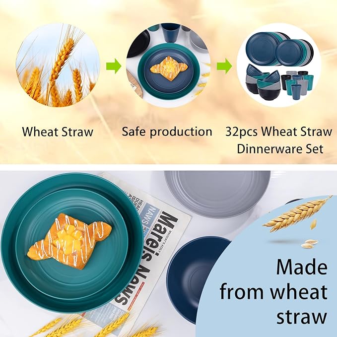 Supernal 32pcs Wheat Straw Dinnerware Sets,Plastic Plates and Bowls Sets for 8,Unbreakable Plates and Bowls Sets Dishwasher Safe Fun Colors Perfect for Cooking Family Camping Picnics