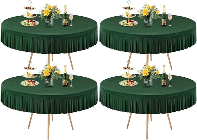 4 Pack Hunter Green Spandex Round Tablecloths for 60 Inch Tables, Stretchy Fitted 5FT Cloths, Wrinkle-Free Cover With Skirt for Wedding, Party, Dining, Banquet