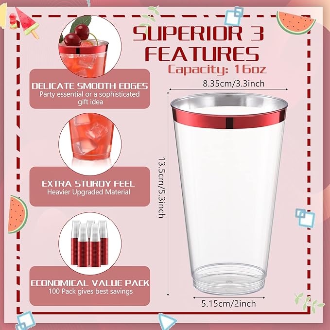 Patelai 100 Pcs 16oz Plastic Cups Disposable Rimmed Cups Heavy Duty Drinking Wine Glasses for Christmas Winter Birthday Beer Taste Serving Snack Sample Tastings Barbecues Picnic(Red)