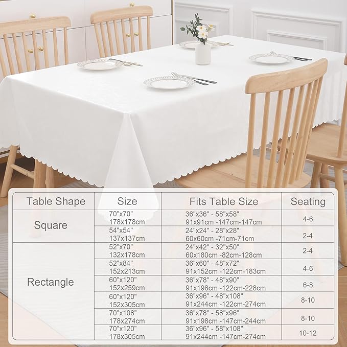 Smiry Rectangle Table Cloth, Waterproof Heavy Duty Vinyl Tablecloths, Wipeable Washable Table Cover for Kitchen and Dining Room (White, 52" X 70")