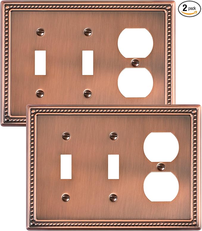 2-Pack Combo Duplex/Double Toggle Light Switch Cover Plate, Antique Copper Pearls Decorative Switch Plates and Outlet Covers, Metal Wall Plates for Electrical Outlets