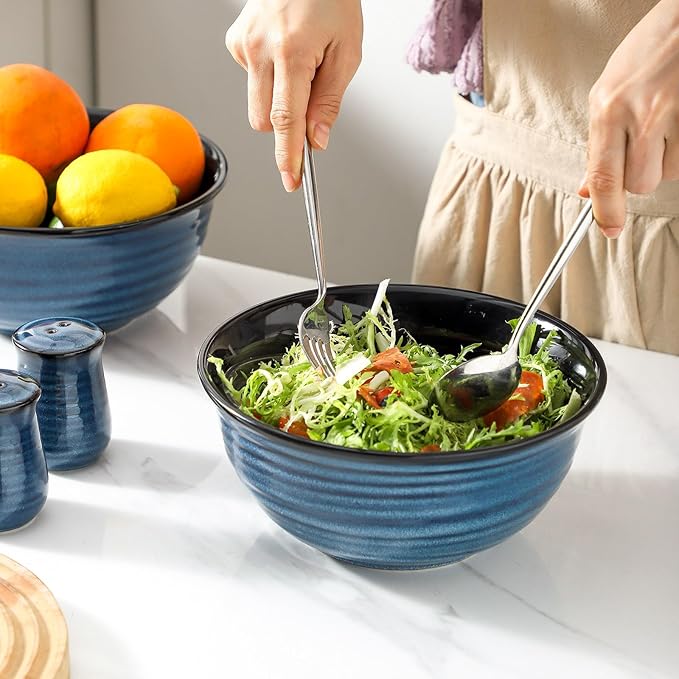 Serving Bowls, 60oz Ceramic Mixing Bowls Set of 2 for Baking Cooking Kitchen Party, 8.4 inch Large Durable Bowls for Soup Salad Ramen Pho Fruit Cereal Popcorn, Microwave & Dishwasher Safe, Blue