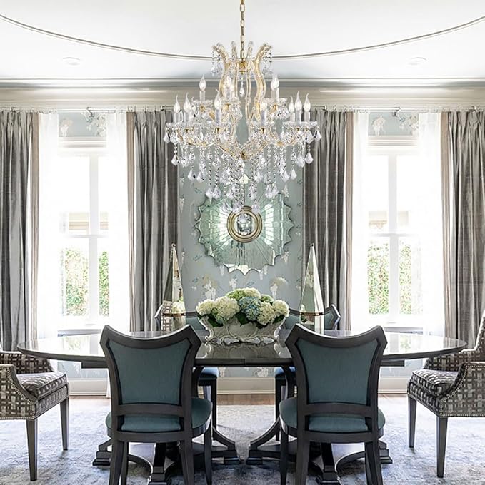 Modern Gold Chandelier Light Fixture - Large Maria Theresa Crystal Chandeliers for Dining Room, Kitchen Island, Living Room, Bedroom, 15 Lights, 2 Layers