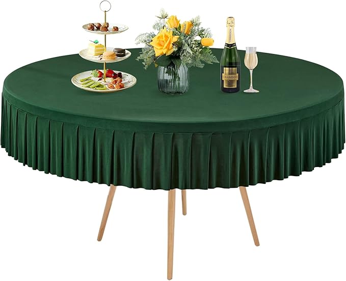 1 Pack Hunter Green Spandex Round Tablecloths for 72in Table, Stretchy Fitted 6FT Round Table Cloths, Wrinkle Free Table Cover with Skirt for Wedding Birthday Party Bridal Shower Banquet