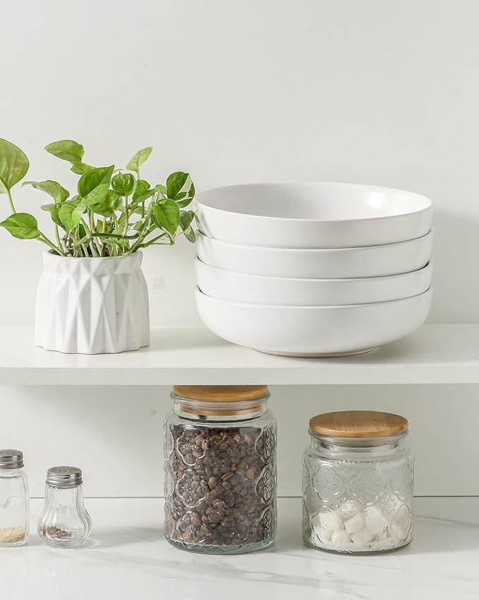 Pasta Bowls Set of 4, Stoneware 34 oz Salad Bowls, Ceramic Bowl Plates for Pasta, Salad, Fruit, Cereal, Soup, Wide Shallow Bowls, Microwave & Dishwasher Safe, Matte White