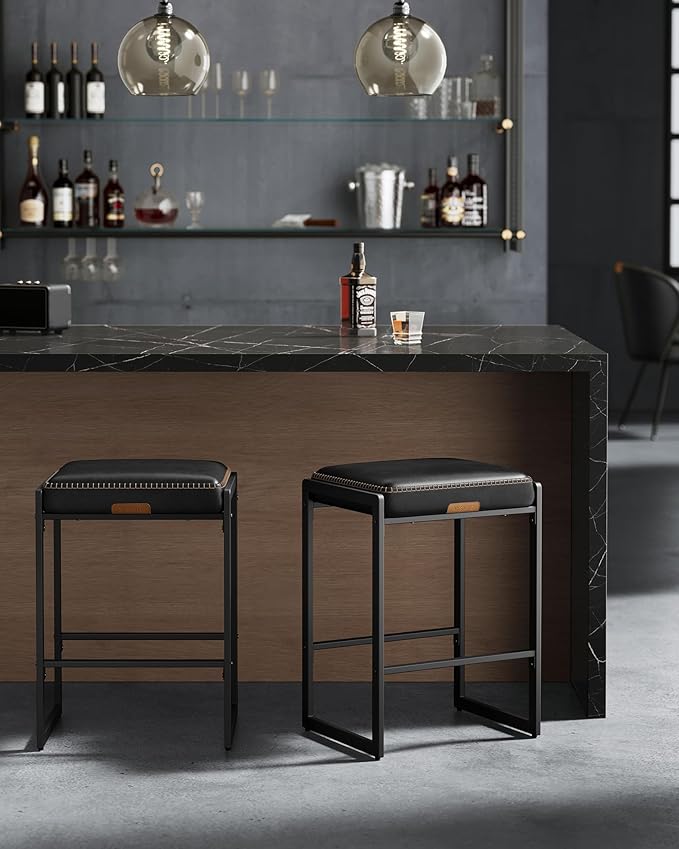 VASAGLE EKHO Collection - Bar Stools Set of 4, Counter Height Bar Stools, Synthetic Leather with Stitching, Mid-Century Modern Counter Stools, 26-Inch Tall, Kichen Home Bar Dining Room, Ink Black