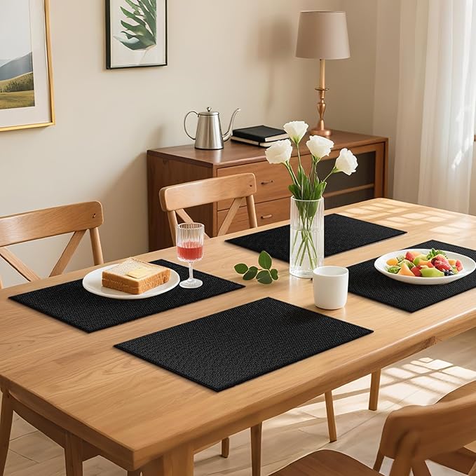 Blue Forest Placemats Set of 4, Dual-Layered Thickened Faux Linen Table Mats Heat Resistant Machine Washable Wrinkle Free Place Mats for Kitchen Dining Outdoor/Indoor (Black)