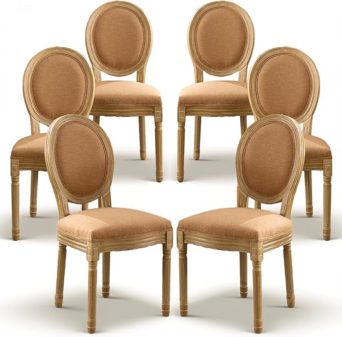 SoarFlash French Dining Chairs Set of 6, Vantage Dining Chair with Round Back, Wood Leg Farmhouse Country Dining Chair for Kitchen,Bedroom,Brown