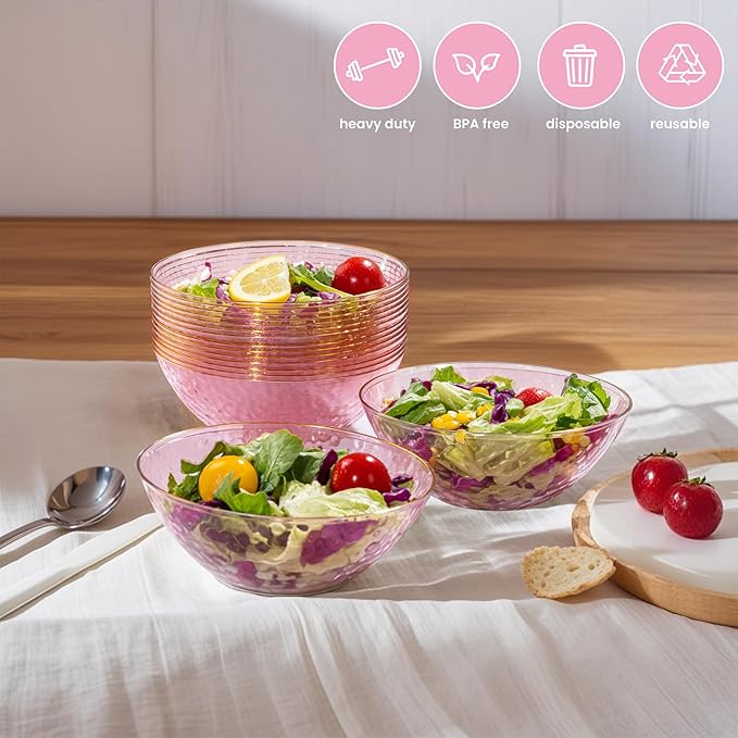Rubtlamp 50 Pack Clear Pink Disposable Bowls, Clear Plastic Bowls with Gold Rim, 12-16oz Premium Heavy Duty Plastic Dinner Bowls for Party, Wedding and Holiday