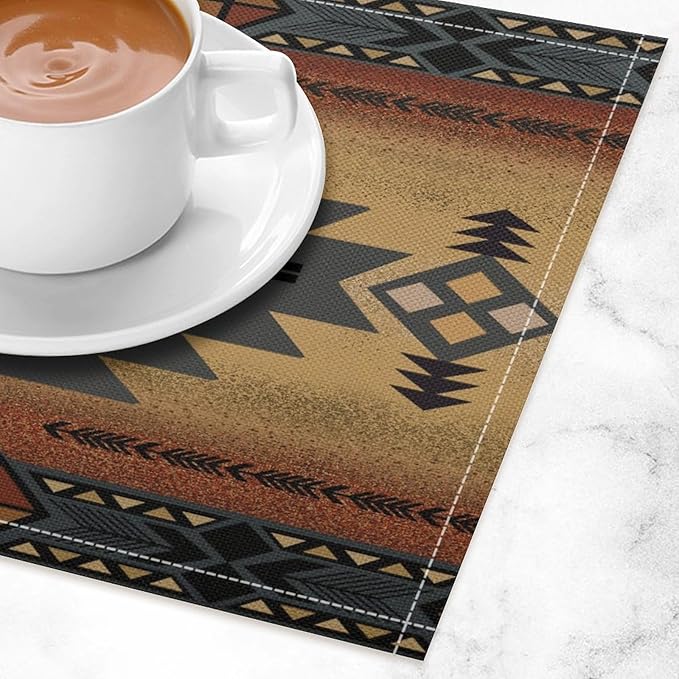 Aztec Southwest Placemats Rustic Tribal Geometric Decorative Table Mat Antique Native Heat Resistant Place Mats for Dining Kitchen Party Holiday Decor 12x18Inch Set of 6