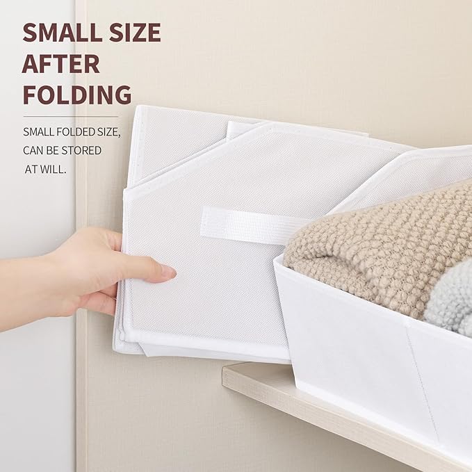 Storage Bins for Shelves - Small Trapezoid Closet Shelf Organizer, Fabric Organization Bins with Handles, Storage Baskets for Clothes, Towel, Purse, 6 Pack, White