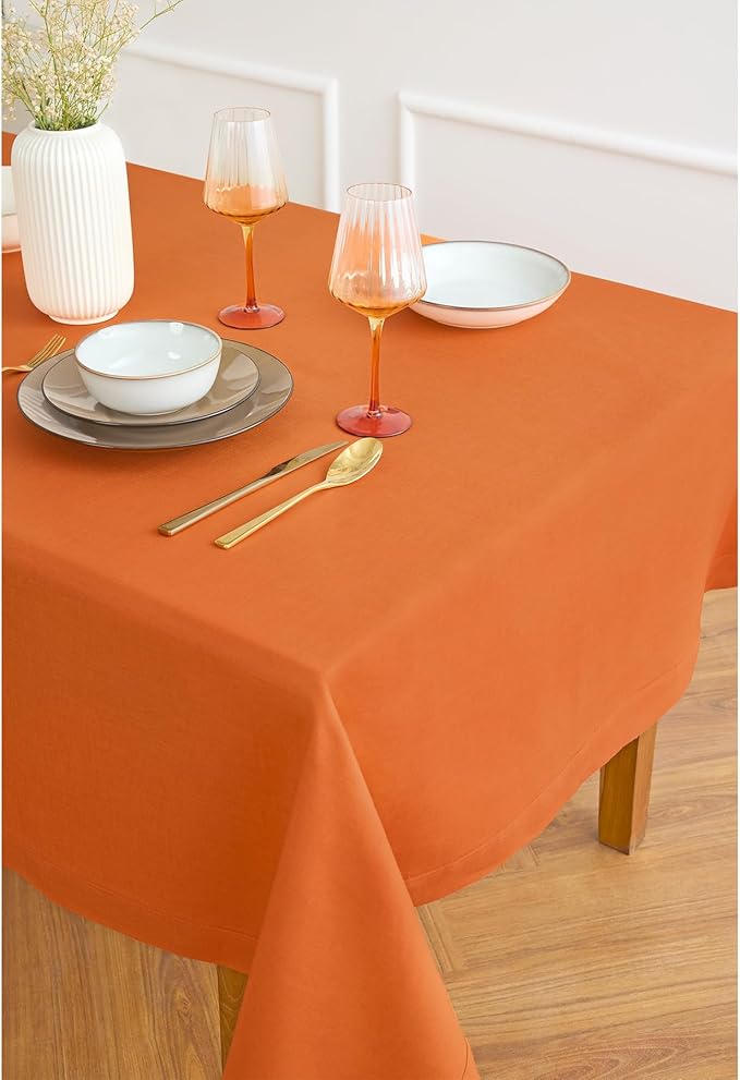 Solino Home Linen Tablecloth for Rectangle Tables 60 x 90 Inch - 100% Pure Linen Persimmon Orange Table Cloth - Fete, Machine Washable Cloth Tablecloth for Spring, Easter