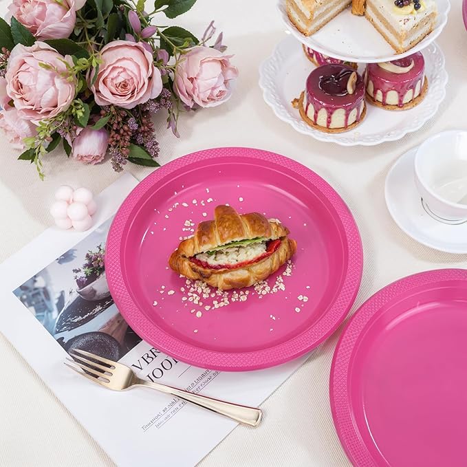 WELLIFE Hot Pink Party Plates 10 Inch -150 Count, Disposable Plastic Dinner Plates for Valentine's Day Girls' Party Easter Mother's Day Birthday Baby Shower Wedding