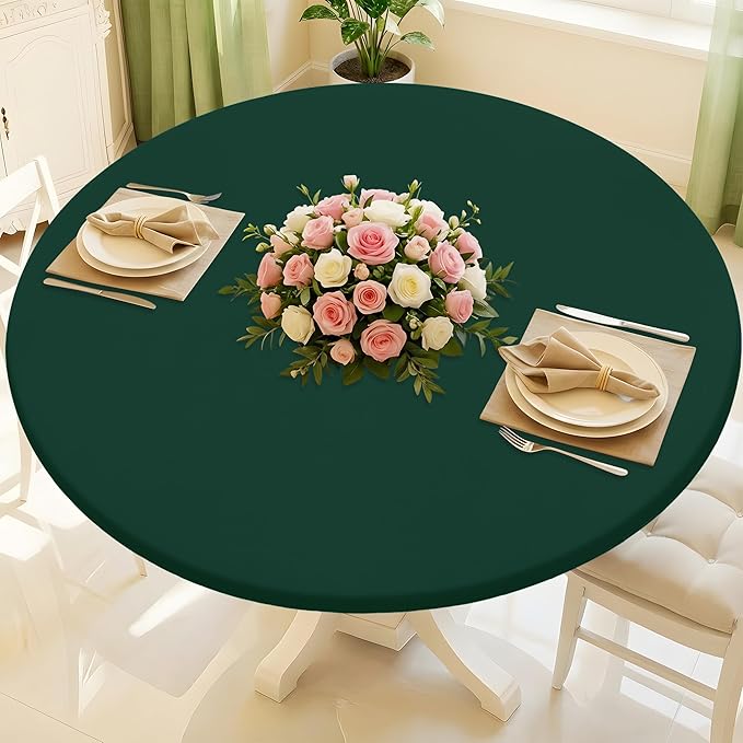Round Spandex Tablecloth, Elastic Fitted Waterproof Tablecloths for 45"-56" Tables, Stretch Washable Picnic Table Cover for Camping, Dining, Indoor and Outdoor, Hunter Green