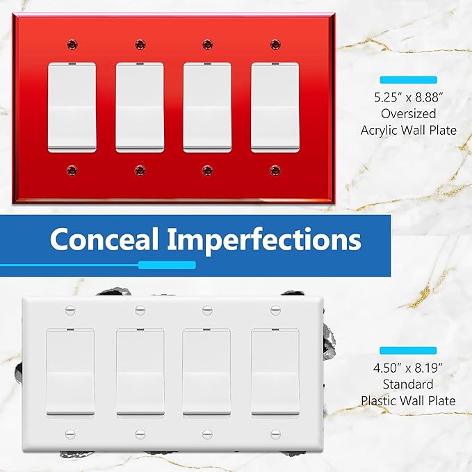 LIDER Reflective Acrylic Decorator Wall Plate, Mirrored Light Switch Plate, Plexiglass Outlet Cover, Acrylic Glass, Oversized 4-Gang 5.25" x 8.88", LWP-34O-ARD5P, Red, 5 Pack