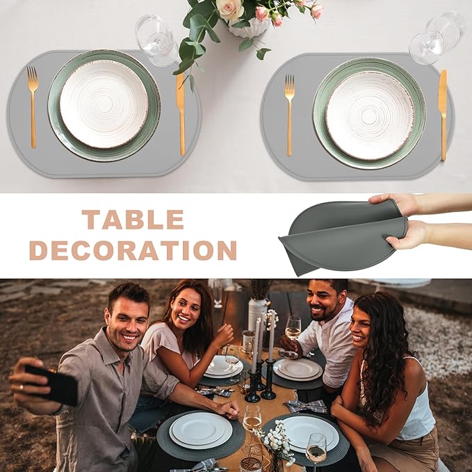 uxcell 2 Pcs Oval Silicone Placemat, 15.4" x 10.4" Non-Slip Washable Table Placemats Heat Resistant Waterproof Mat with High Edge for Table Kitchen Desk Protection, Dark Gray