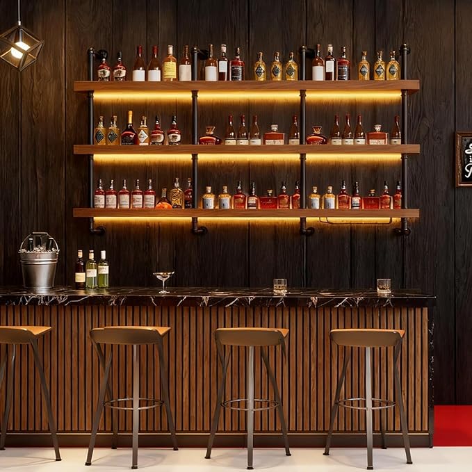 86.6in Large Wine Rack with LED Light Solid Wood Wall Mounted Wine Rack, 3-Tiers Liquor Bottles Floating Shelves Display Storage Organizer for Home Bar & Dining Room (220cm/86.6in)