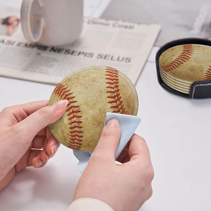 Baseball Coasters for Drinks with Holder Leather Coasters Set of 6 for Coffee Table