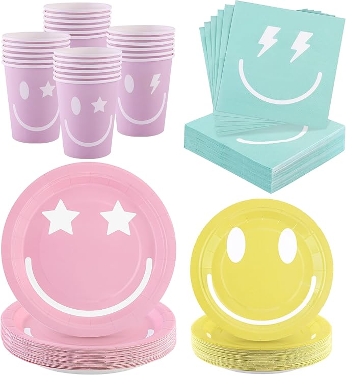 Kochorie 96 Piece Preppy Smiley Face Party Paper Plates Preppy Smile Face Party Decorations Preppy Tableware Set Paper Smile Face Plates Cups Napkins Cutlery Serve 24 Guest for Birthday or Baby Shower