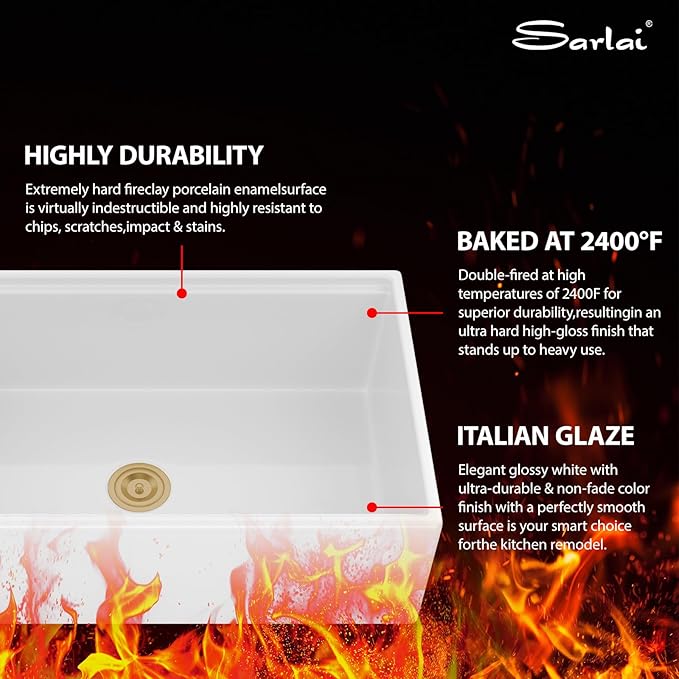 Sarlai 33 Inch Farmhouse Sink White Kitchen Sink Apron Front 33 x 20 Ledge Workstation Farm Fireclay Porcelain Ceramic Undermount Farmer Farm Kitchen Sinks Basin With Gold Drainer