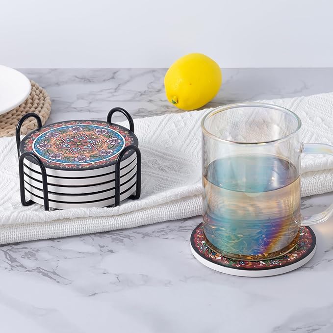 Coasters Absorbent Ceramic Coaster Drink Coasters with Cork Back Turkish Pattern Set of 6 Round Coaster Non Slip for Coffee Table Wine Glass Home Bar 4 Inch, Colorful