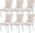 KCC Velvet Dining Chairs Set of 6, Upholstered High-end Tufted Dining Room Chair with Nailhead Back Ring Pull Trim Stainless Steel Legs, Contemporary Nikki Collection Modern Style for Kitchen, Beige