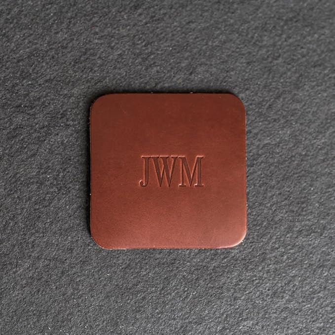 Ox & Pine Personalized Leather Coaster - Sold Individually or in Sets of 4 - Customize Inscription - 100% Full-Grain Leather – 4" Round or 4" Square (Round, Black, 1 Individual Coaster)