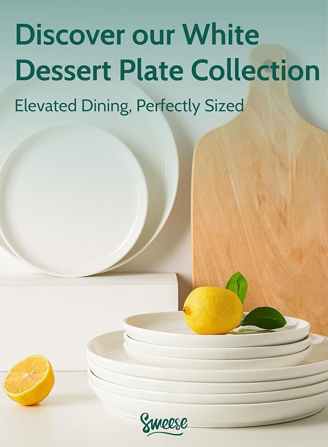 Sweese 10 Inch Porcelain Dinner Plates, White, Set of 6 - Microwave, Oven, Dishwasher Safe, Scratch-Resistant