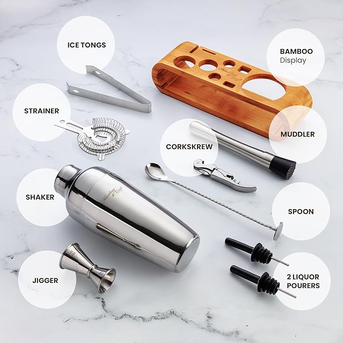 Mixology & Craft Cocktail Shaker Set with Bamboo Stand - Professional 10-Piece Bartender Kit - Complete Bar Set & Cocktail Mixer Kit for Home (Silver)