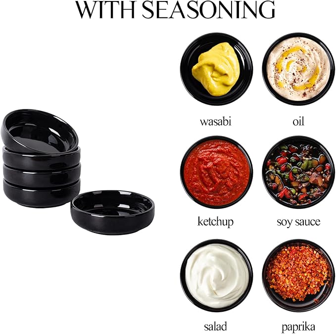 DELLING 8 PACK Dipping Bowls Set, Ceramic Dipping Sauce Dishes, 3.5 Oz Soy Sauce Dish, Side Dish Bowls, Small Bowl/Dish for BBQ, Condiments, Appetizer, Dessert, Sushi, Party - Black
