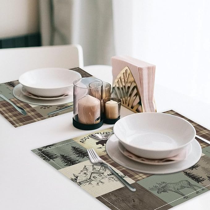Rustic Bear Deer Placemats Wildlife Moose Forest Animal Cabin Lodge Heat-Resistant Linen Table Place Mats for Dining Kitchen Country Camp Style Farmhouse Decor 12x18 in 6 PCS, Countryside-6