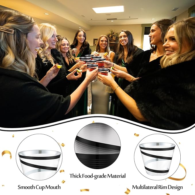 Gejoy 9 oz Rimmed Swirl Plastic Cups Disposable Wine Drinking Cups Clear Elegant Halloween Tumblers for Christmas Party Supplies(Black,100 Pcs)