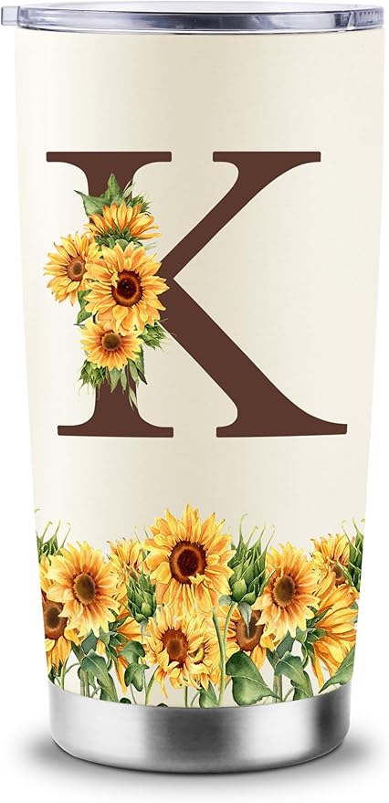 Sunflower Gifts for Women - Personalized Gifts for Women - Birthday Gift for Woman - Mothers Day Gift for Mom - Monogrammed, Initial 20oz Travel Cup Insulated Tumbler with Lid, K