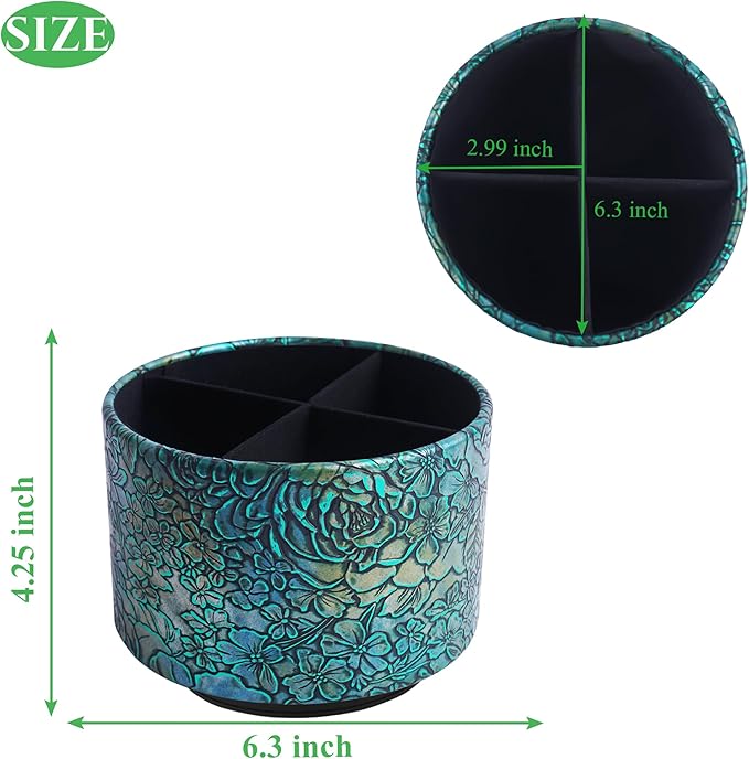 Round Leather Art Supply Organizer,Remote Control Holder,360 Degree Spinning,Multi-Functional Pencil Holder,4 Compartments Desktop Stationary Organizer(1-Rich Flower Green)