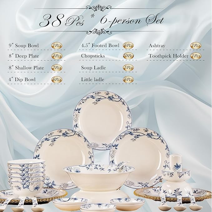 38 Pcs Fine Bone China Dinnerware Set,Porcelain&Ceramic Dinnerware Sets,Bone Stoneware & Ceramic Cookware Tableware Set Includes Dinner Plates|Spoons|Pasta Bowls|Soup Pot|Chopsticks