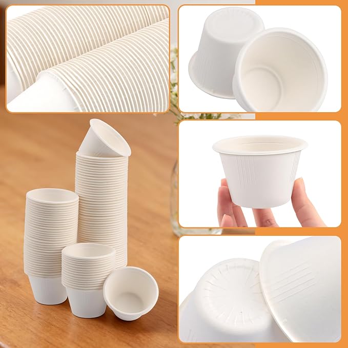 LeonBach 150 Pack 4oz Natural Bagasse Fiber Sauce Cups, Compostable Small Disposable Paper Dipping Bowls Biodegradable Condiment Portion Sample Snack Charcuterie Serving Tasting Cups, White