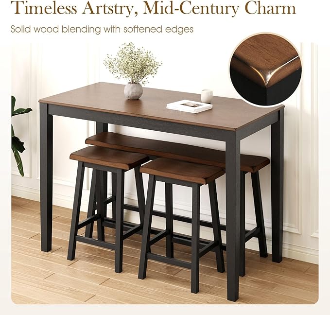 Sophia & William Dining Table Set for 4, Wooden Kitchen Table Set with Bench and 2 Chairs, Space-Saving Farmhouse Dining Sets,Walnut & Black