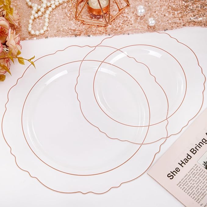 WDF 100pcs Rose Gold Plates Plastic Disposable - Baroque Clear and Rose Gold Plates for Parties or Weddings including 50PCS Dinner Plates 10.25’’ and 50PCS Salad Plates 7.5’’